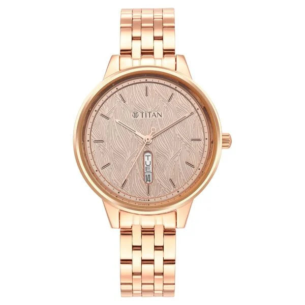 Titan 2648WM01 | Titan Workwear Quartz Analog with Day and Date Rose Gold Dial Stainless Steel Strap Watch for Women