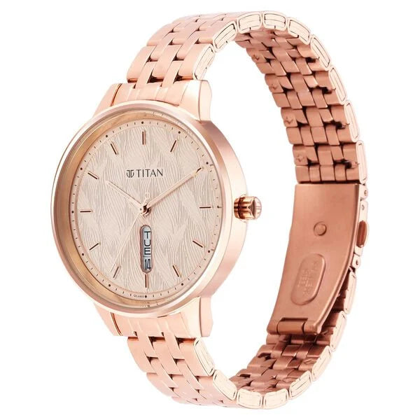 Titan 2648WM01 | Titan Workwear Quartz Analog with Day and Date Rose Gold Dial Stainless Steel Strap Watch for Women