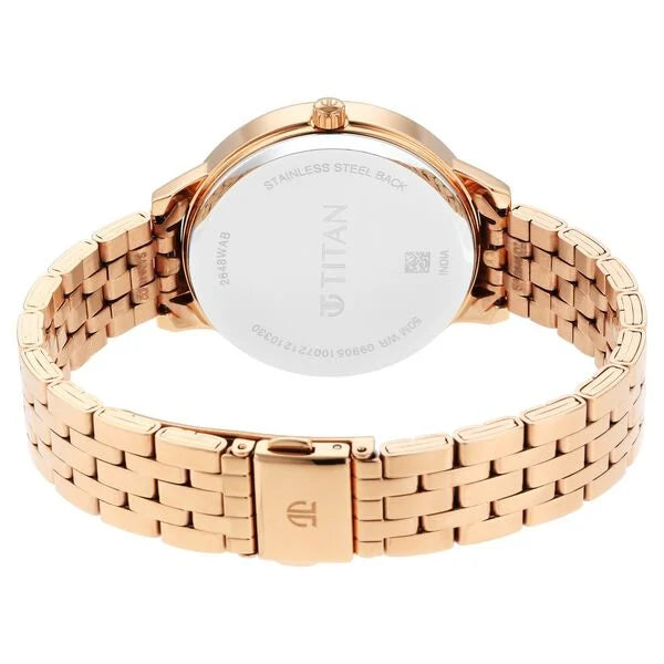 Titan 2648WM01 | Titan Workwear Quartz Analog with Day and Date Rose Gold Dial Stainless Steel Strap Watch for Women