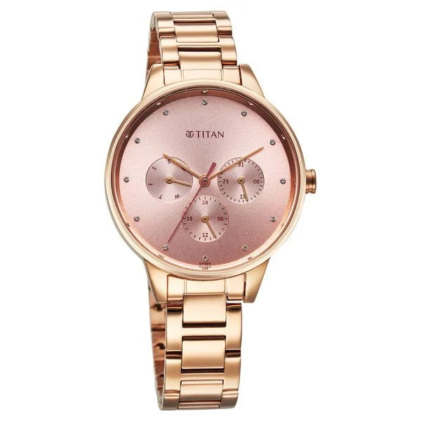 Titan 2648WM08 | Titan Razzle Dazzle Quartz Analog with Day and Date Pink Dial Rose Gold Stainless Steel Strap Watch For Women