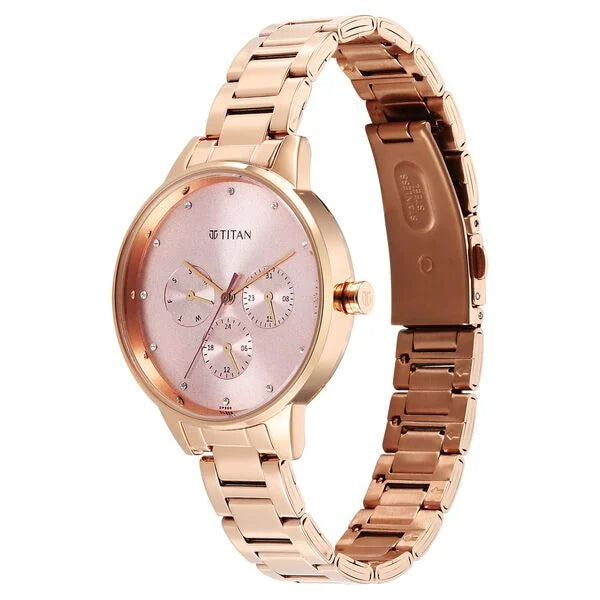 Titan 2648WM08 | Titan Razzle Dazzle Quartz Analog with Day and Date Pink Dial Rose Gold Stainless Steel Strap Watch For Women
