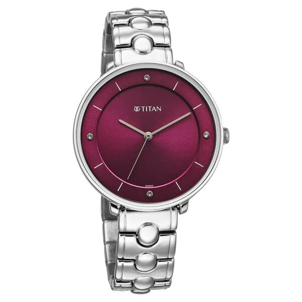 Titan 2651SM09 | Titan Workwear Quartz Analog Maroon Dial Silver Colour Metal Strap Watch For Women