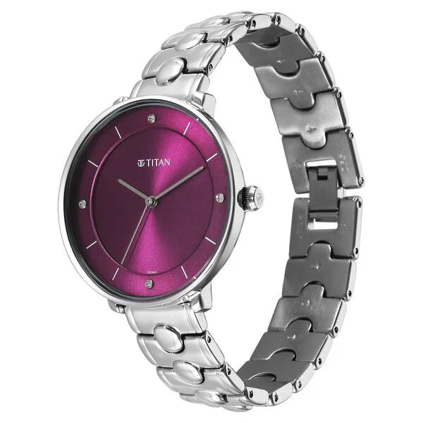 Titan 2651SM09 | Titan Workwear Quartz Analog Maroon Dial Silver Colour Metal Strap Watch For Women