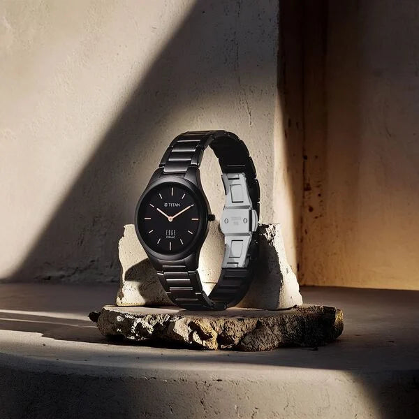 Titan 2653NC01 | Titan Edge Ceramic Quartz Analog Black Dial Black Ceramic Strap Watch For Women