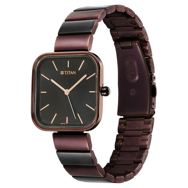 Titan 2715KM01 | Titan Purple Stackables Quartz Analog Black Dial Two Toned Stainless Steel Strap Watch For Women