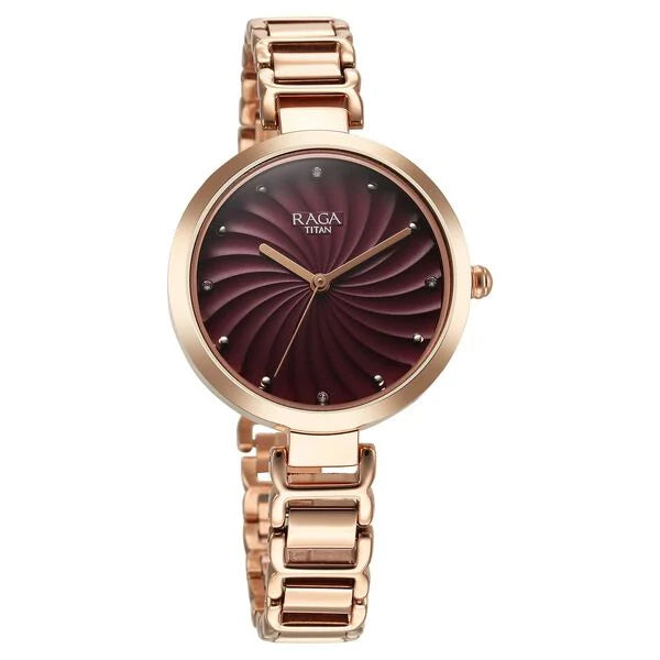 Titan 2752WMO1 | Titan Raga Memoirs Quartz Analog Burgundy Dial With Rose Gold Color Metal Strap Watch For Women