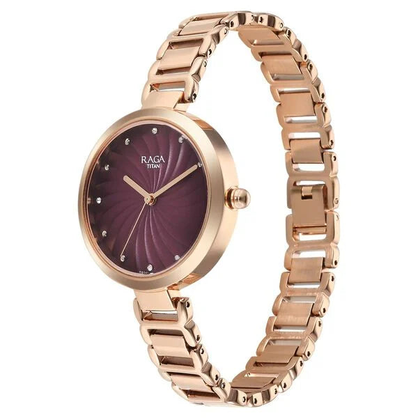 Titan 2752WMO1 | Titan Raga Memoirs Quartz Analog Burgundy Dial With Rose Gold Color Metal Strap Watch For Women