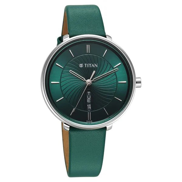 Titan 2763SL02 | Titan Neo Analog with Day and Date Green Dial Green Color Leather Strap Watch For Women