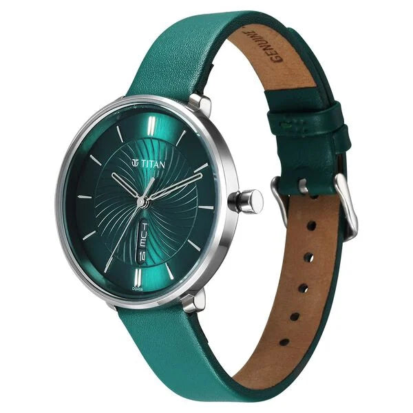 Titan 2763SL02 | Titan Neo Analog with Day and Date Green Dial Green Color Leather Strap Watch For Women