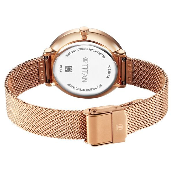 Titan 2763WM01 | Titan Neo Analog with Day and Date Mother Of Pearl Dial Rose Gold Color Stainless Steel Strap Watch For Women