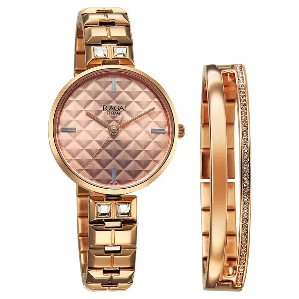 Titan 2775WM01F | Titan Raga Contempore Quartz Analog Rose Gold Dial Metal Strap Watch For Women