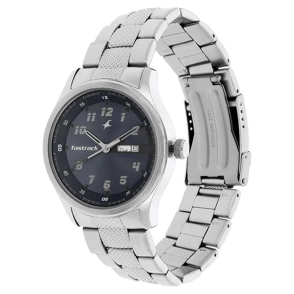 Fastrack NG3001SM02 | Fastrack Quartz Analog Blue Dial Metal Strap Watch for Guys.