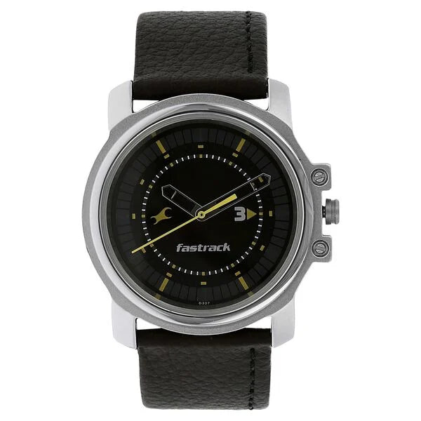 Fastrack NK3039SL02 | Fastrack Quartz Analog Black Dial Leather Strap Watch for Guys