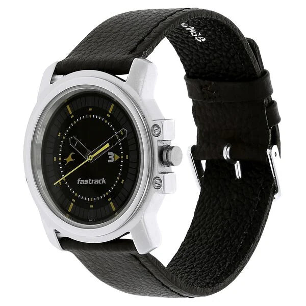 Fastrack NK3039SL02 | Fastrack Quartz Analog Black Dial Leather Strap Watch for Guys