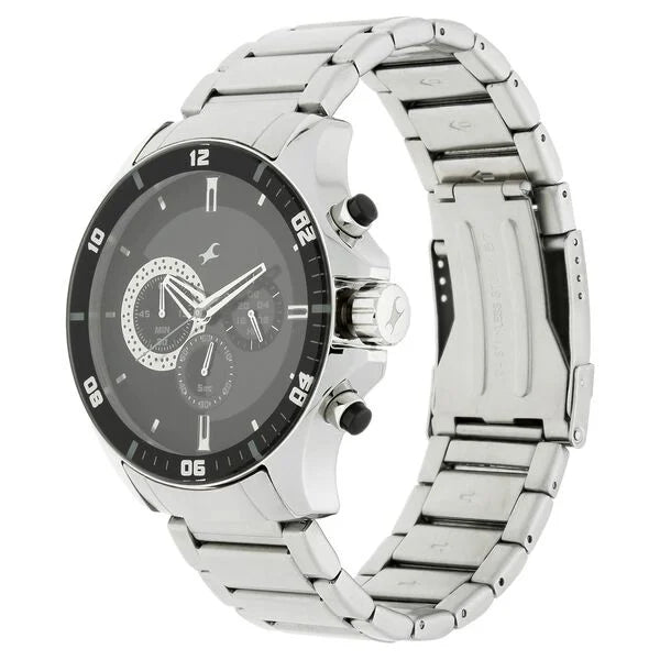 Fastrack NK3072SM02 | Fastrack Big Time Quartz Chronograph Black Dial Stainless Steel Strap Watch for Guys