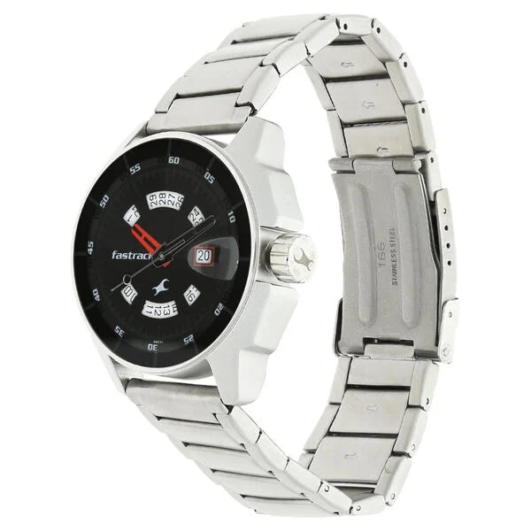 Fastrack NK3089SM03 | Fastrack Quartz Analog with Date Black Dial Stainless Steel Strap Watch for Guys
