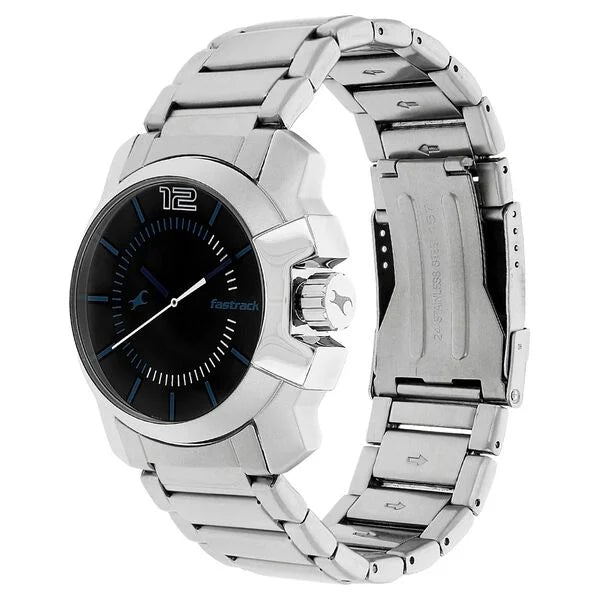 Fastrack NK3097SM01 | Fastrack Quartz Analog Black Dial Stainless Steel Strap Watch for Guys