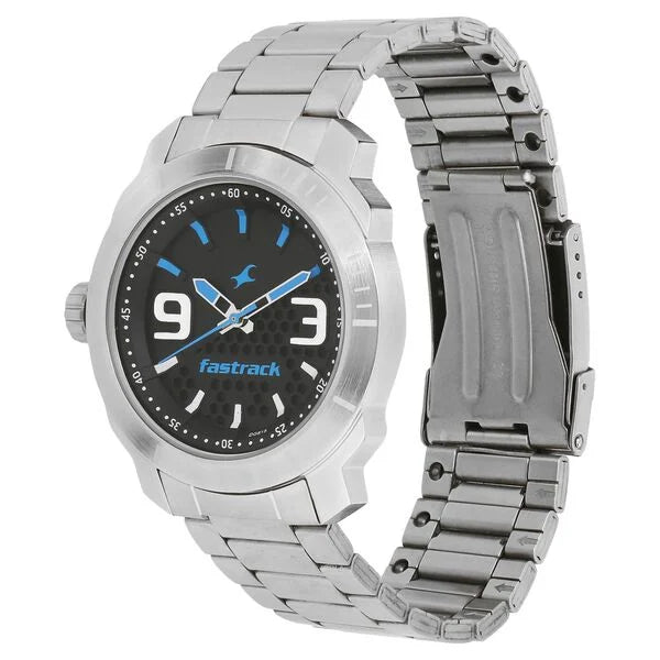Fastrack 3168SM02 | Fastrack Loopholes Quartz Analog Black Dial Stainless Steel Strap Watch for Guys