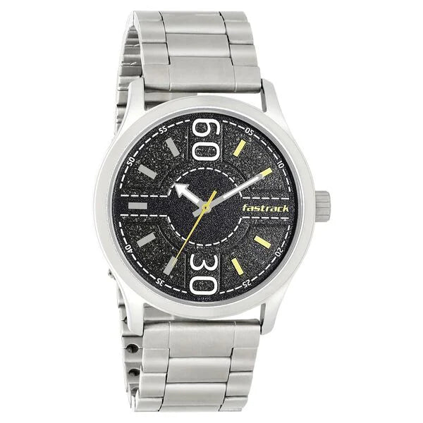 Fastrack 3197SM02 | Fastrack Road Trip Quartz Analog Black Dial Stainless Steel Strap Watch for Guys
