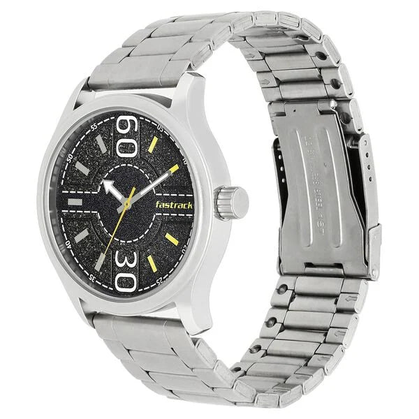 Fastrack 3197SM02 | Fastrack Road Trip Quartz Analog Black Dial Stainless Steel Strap Watch for Guys