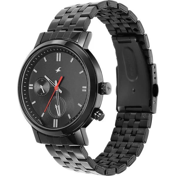Fastrack 3287NM01 | Fastrack Tick Tock Quartz Multifunction Black Dial Metal Strap Watch for Guys