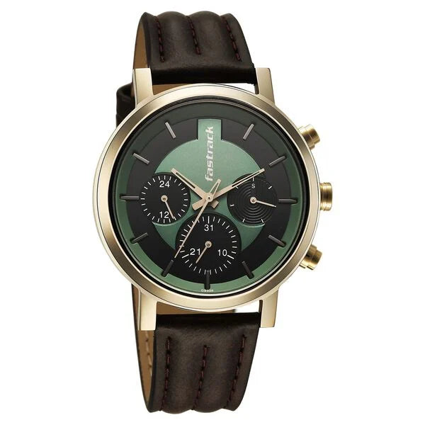 Fastrack 3287QL02 | Fastrack Chrome K Quartz Multifunction Green Dial Brown Leather Strap Watch For Guys