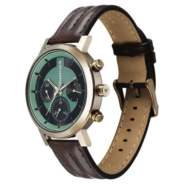 Fastrack 3287QL02 | Fastrack Chrome K Quartz Multifunction Green Dial Brown Leather Strap Watch For Guys