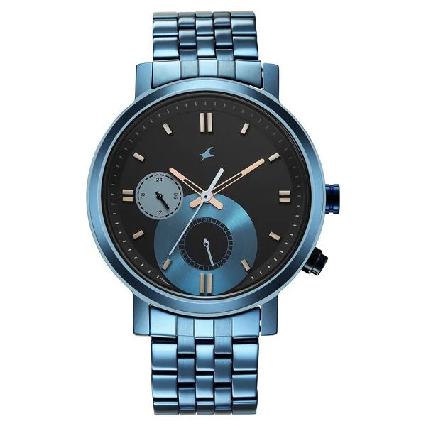 Fastrack NR3287QM02 | Fastrack Tick Tock Quartz Multifunction Black Dial Metal Strap Watch for Guys