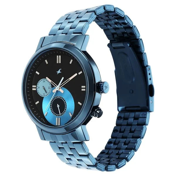 Fastrack NR3287QM02 | Fastrack Tick Tock Quartz Multifunction Black Dial Metal Strap Watch for Guys