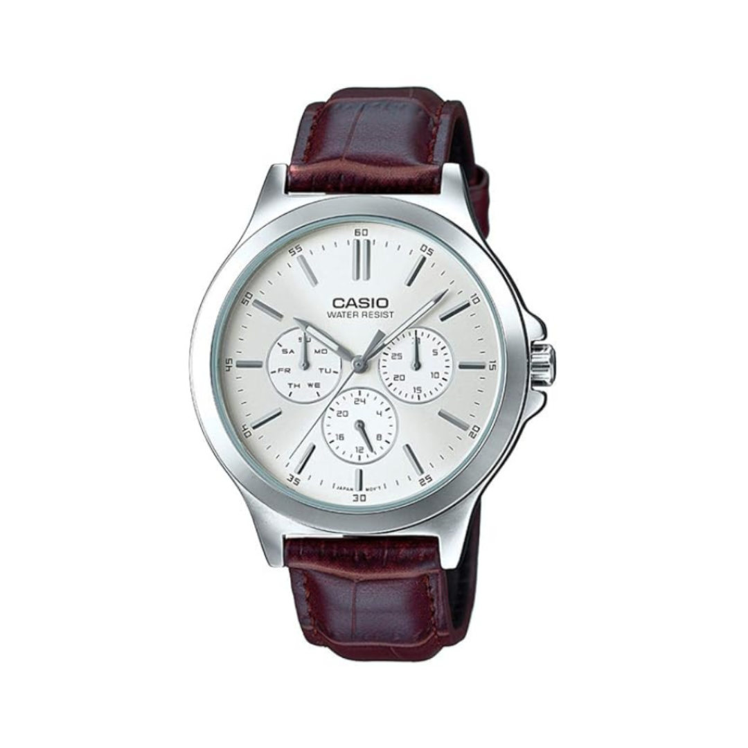 Casio A1177 | Enticer Men Quartz White Dial Multi-Function Leather Watch.