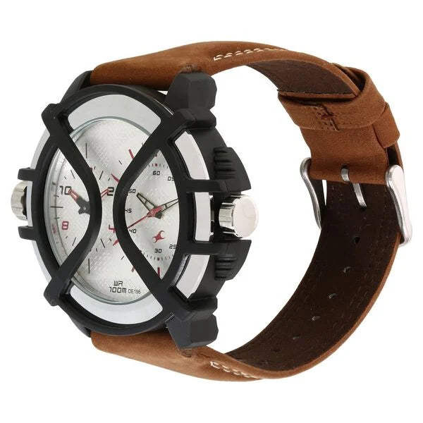 Fastrack 38016PL02 | Fastrack Quartz Analog Silver Dial Leather Strap Watch for Guys