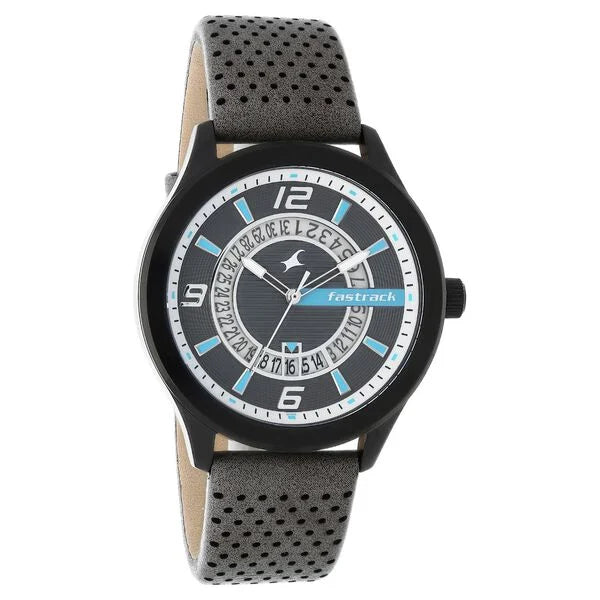 Fastrack 38050NL | Fastrack Loopholes Quartz Analog with Date Black Dial Leather Strap Watch for Guys