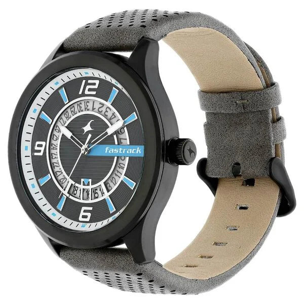 Fastrack 38050NL | Fastrack Loopholes Quartz Analog with Date Black Dial Leather Strap Watch for Guys