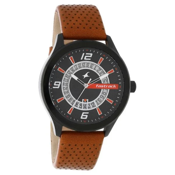 Fastrack 38050NL02 | Fastrack Loopholes Quartz Analog with Date Black Dial Leather Strap Watch for Guys