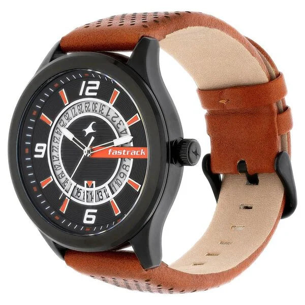 Fastrack 38050NL02 | Fastrack Loopholes Quartz Analog with Date Black Dial Leather Strap Watch for Guys