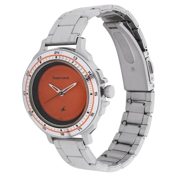 Fastrack 6135SM02C | Fastrack Quartz Analog Orange Dial Stainless Steel Strap Watch for Girls