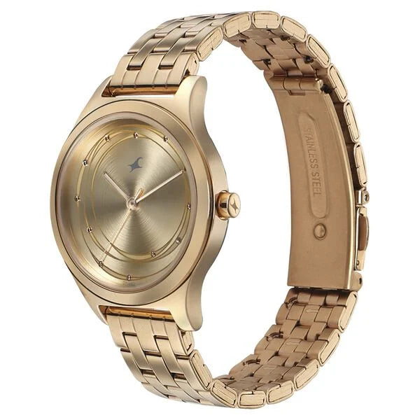 Fastrack NS6152WM01 | Fastrack Style Up Golden Dial Stainless Steel Strap Watch for Girls.