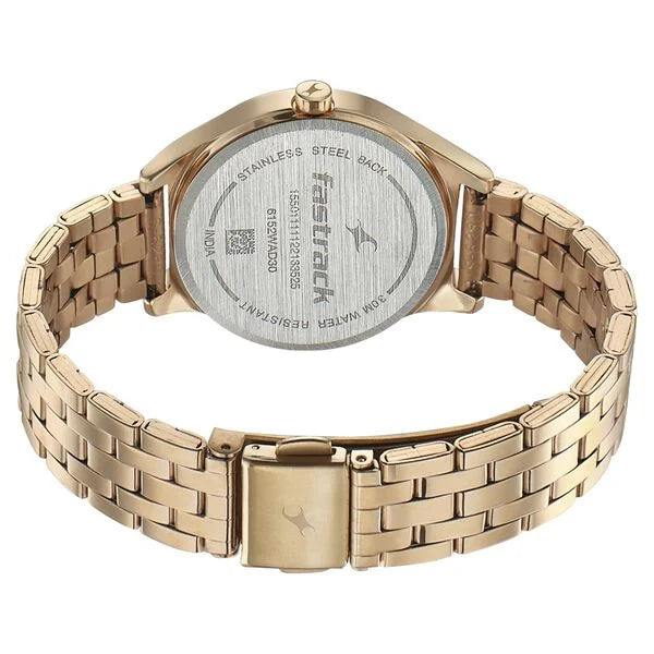 Fastrack NS6152WM01 | Fastrack Style Up Golden Dial Stainless Steel Strap Watch for Girls.