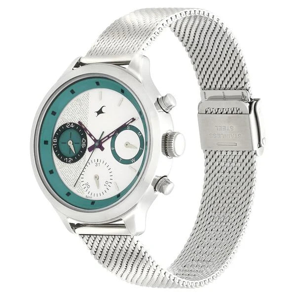 Fastrack 6179SM01 | Fastrack Denim Quartz Multifunction White Dial Stainless Steel Strap Watch for Girls
