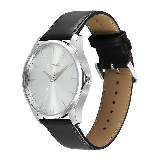 Sonata 77163SL06 | Sonata Ease with Gray Dial Black Leather Strap Watch for Men