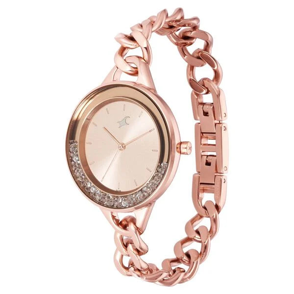 Fastrack NR68026WM01 | Fastrack Glitch Quartz Analog Rose Gold Dial Metal Strap Watch for Girls