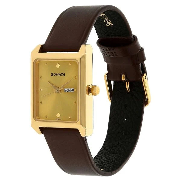 Sonata 7007YL | Sonata Quartz Analog with Day and Date Champagne Dial Leather Strap Watch for Men