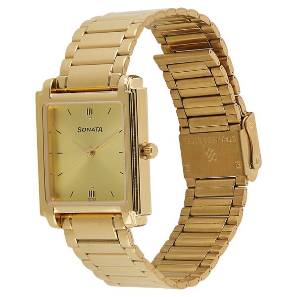 Sonata NP7053YM02 | Sonata Quartz Analog Champagne Dial Metal Strap Watch for Men
