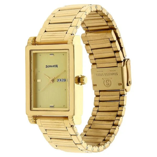 Sonata NP7058YM05 | Sonata Quartz Analog with Day and Date Champagne Dial Stainless Steel Strap Watch for Men