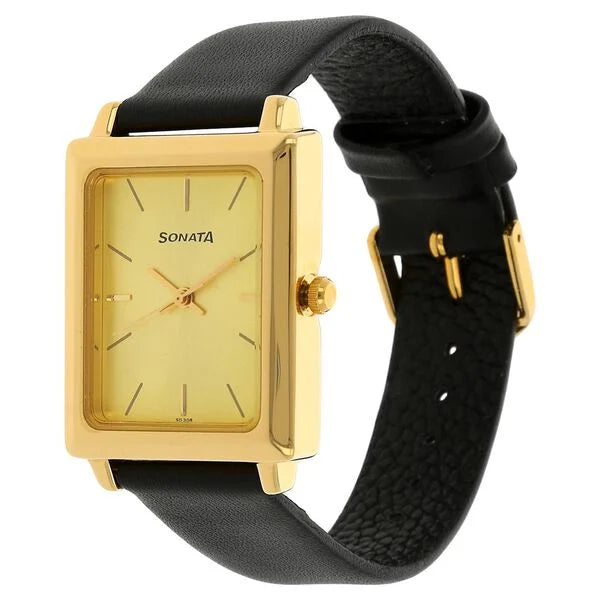 Sonata NP7078YL02 | Sonata Quartz Analog Champagne Dial Leather Strap Watch for Men