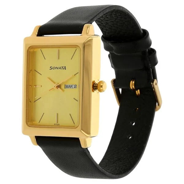 Sonata NE7078YL04 | Sonata Quartz Analog with Day and Date Champagne Dial Leather Strap Watch for Men