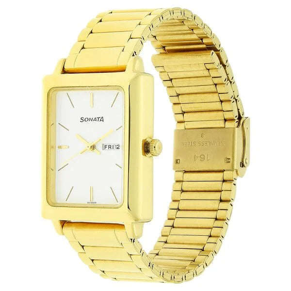 Sonata NP7078YM03 | Sonata Quartz Analog with Day and Date White Dial Stainless Steel Strap Watch for Men