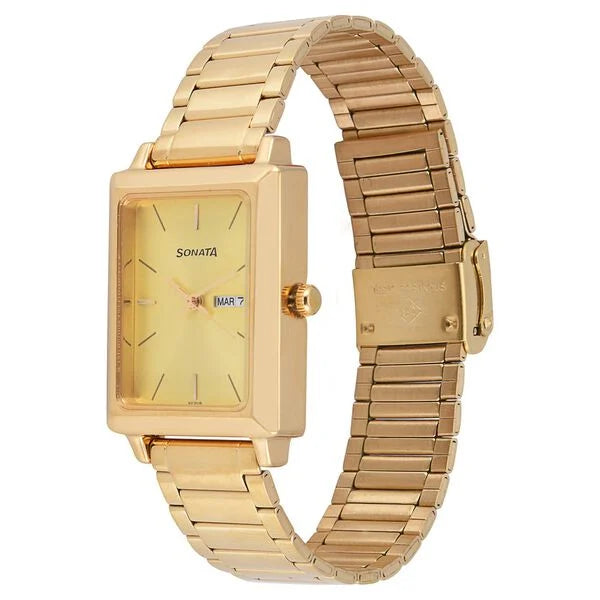 Sonata NS7078YM04 | Sonata Quartz Analog with Day and Date Champagne Dial Stainless Steel Strap Watch for Men