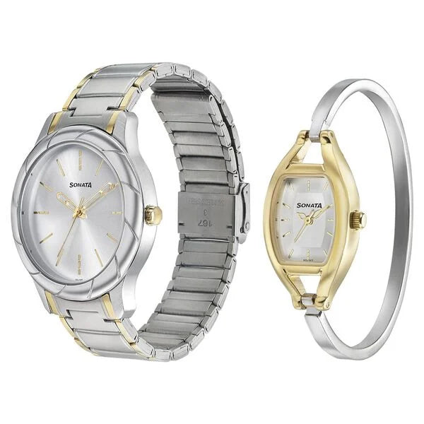 Sonata 71258114BM01 | Sonata Quartz Analog Silver Dial Stainless Steel Strap Watch for Couple