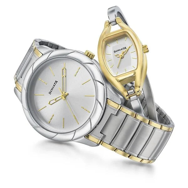Sonata 71258114BM01 | Sonata Quartz Analog Silver Dial Stainless Steel Strap Watch for Couple